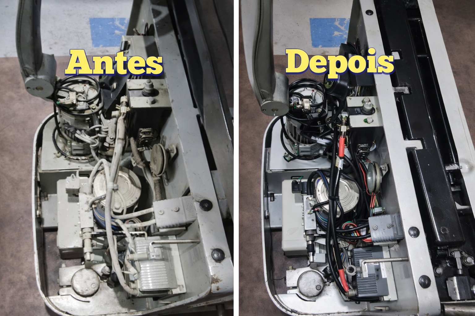 Visão interna detalhada dos componentes mecânicos de uma empilhadeira